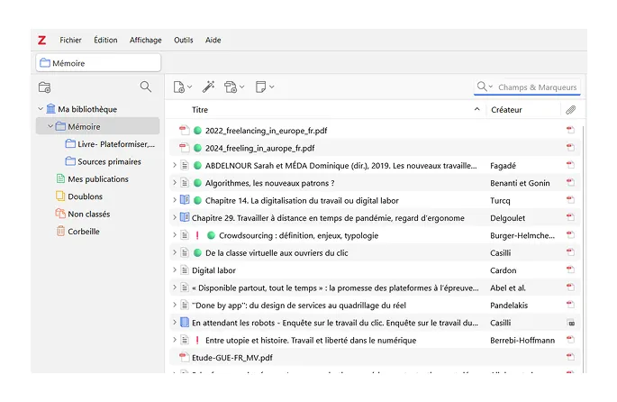 Interface de Zotero
