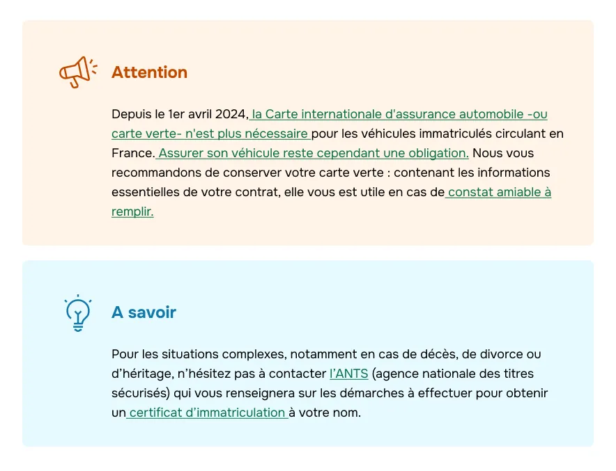 Encarts orange attention et bleu information